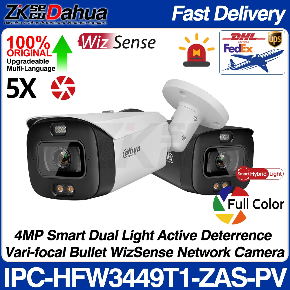 

Dahua Original IPC-HFW3449T1-ZAS-PV 4MP 2K Smart Dual Light Audio Active Deterrence 5X Zoom WizSense Network POE IP Camera CCTV