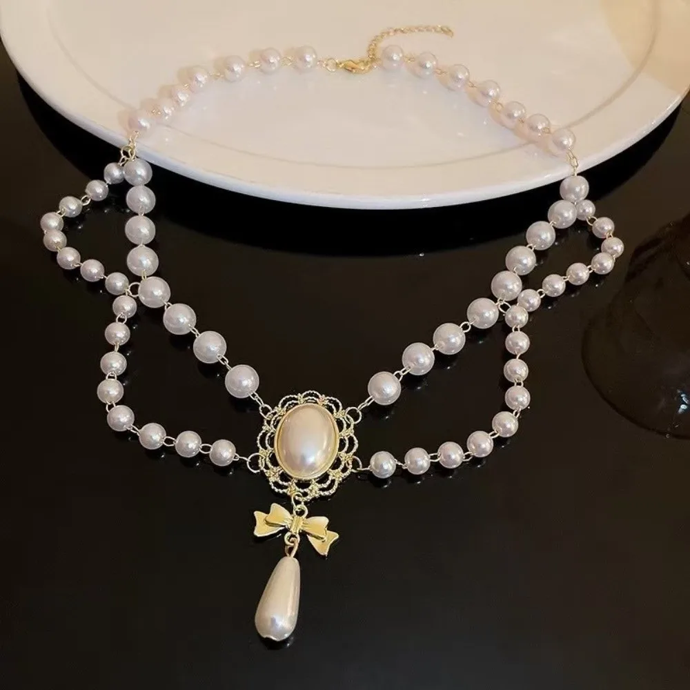 Double Layer Baroque Pearl Choker Necklace Bowknot Pendant Beaded Imitation Pearl Necklace Palace Style