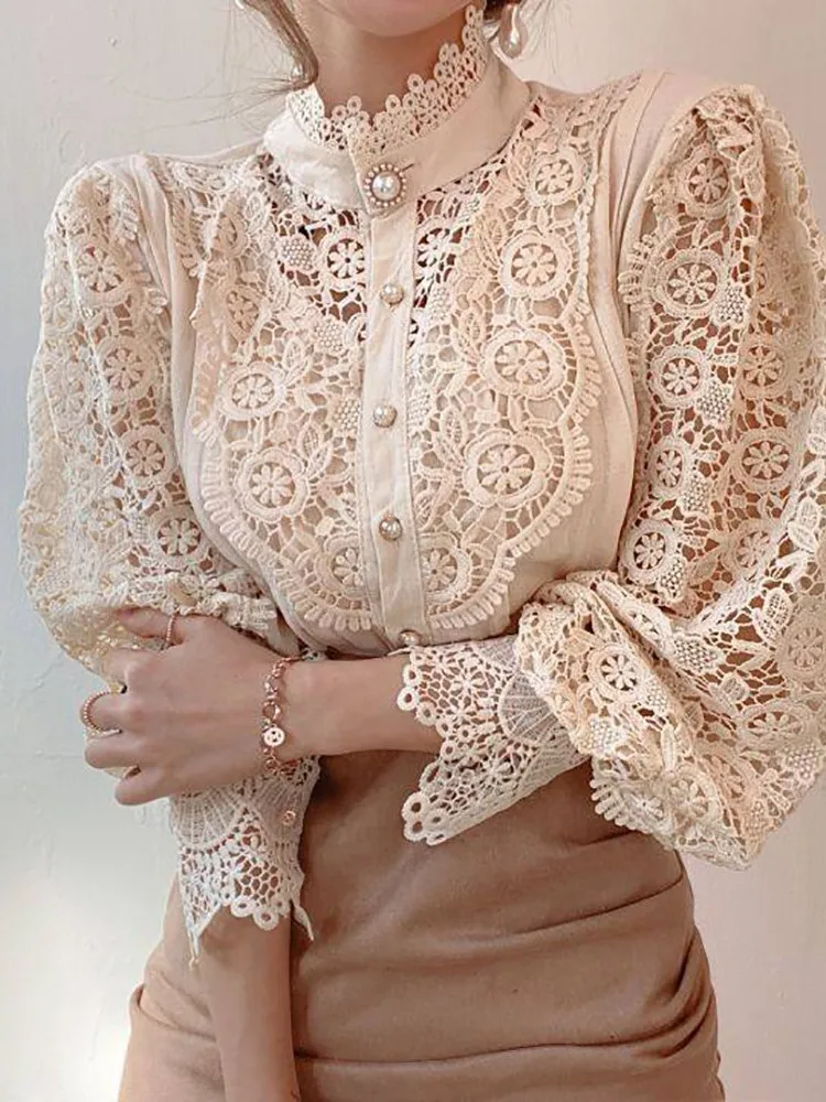 Autumn New Vintage White Lace Blouse Shirts Women 2023 Elegant Button Loose Shirt Tops Female Hollow Casual Ladies Blouses