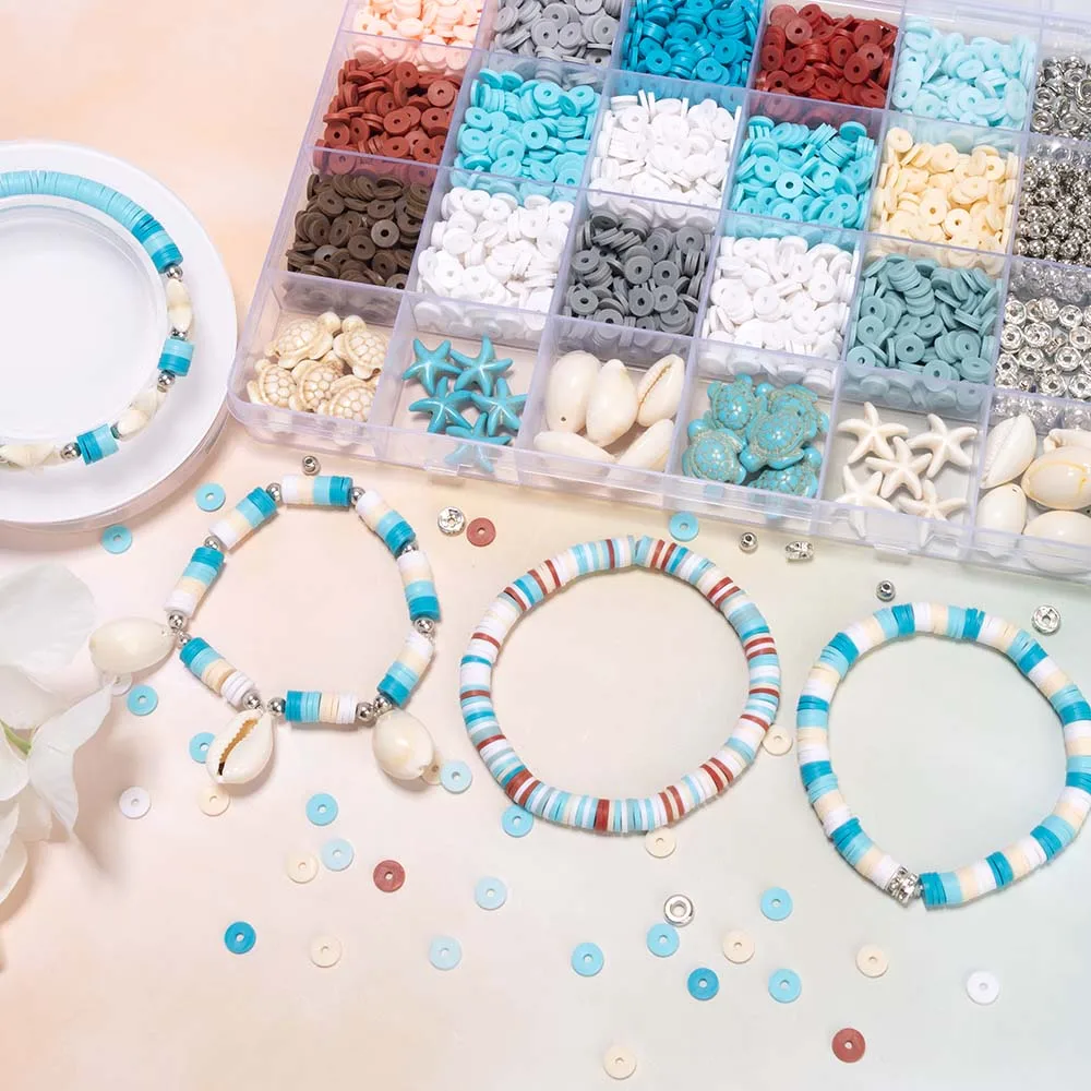 DIY Clay Beads Bracelet Making Kit, Ocean style Vacation turquoise Turtle shells starfish Clay Beads,Pearl Polymer Beads