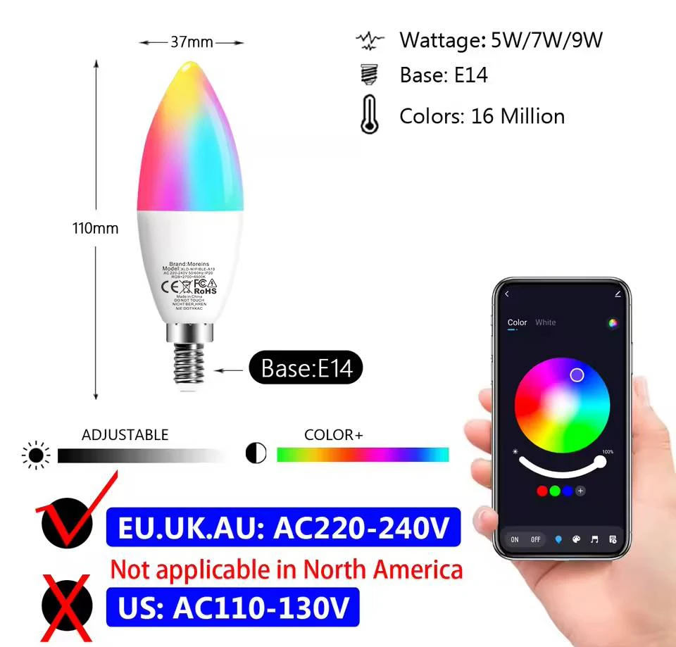 Tuya E14 Candle Lamps APP Control Smart Bulb Bluetooth WIFI RGB 220V LED Light Dimmable Smart Life Room Home Group Crystal Lamps