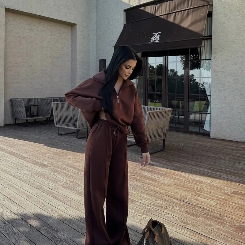 Setelan Dua Potong Wanita Kasual Warna Solid Terbaru, Hoodie Longgar Lengan Panjang Modis, Celana Panjang Model Lurus