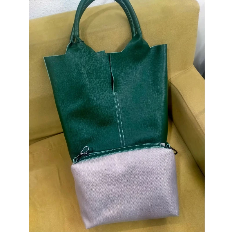 Genuine Grade Leather Women's Commuter Tote Bag Luxury Designer Brand Ladies Soft Cowhide Tote Shoulder Handbag Large Bucket Bag