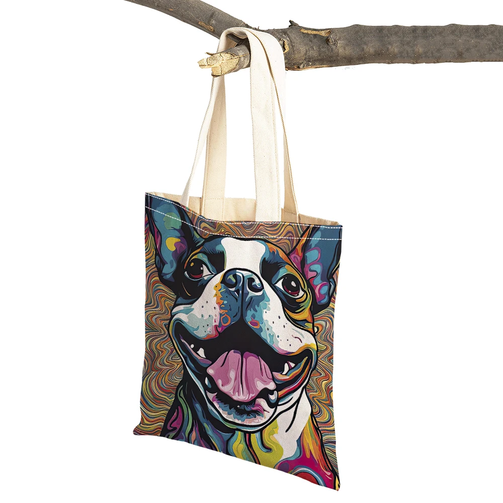 Bolso de mano con estampado de animales de dibujos animados, bolsa de hombro de lona informal, retrato de perro colorido, Boston Terrier, Bulldog