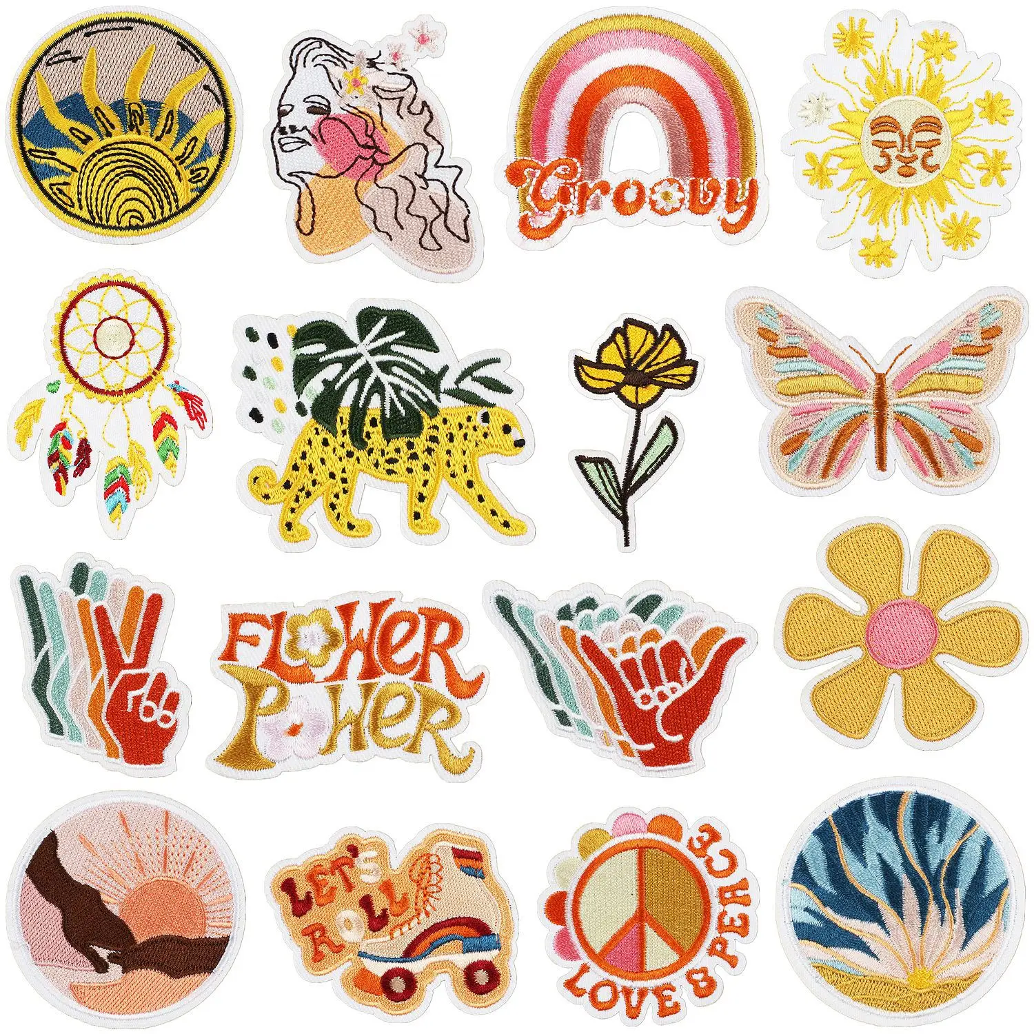 

Sun Flower Girl Patches On Clothes Hippie Letter Badges Stripes Embroidery Patch DIY Iron On Patches For Clothing Sticker