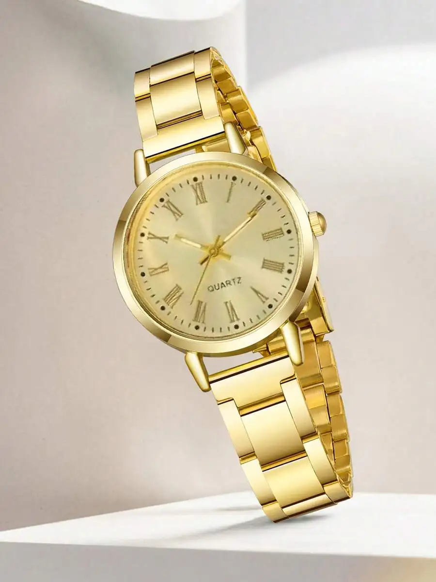 6pcs Women's Alloy Quartz Watch Jewelry Set Including Bracelet, Necklace, Earrings, Ring, Elegant Sparkling Crystal, Minimalist