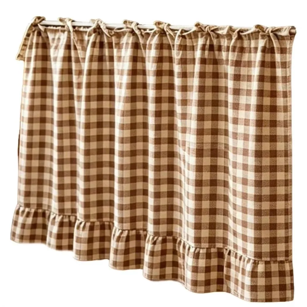 Ruffled Edge Farmhouse Plaid Kitchen Oven Skirt No Drilling with Tie Ribbon Kitchen Cabinet Curtain Cotton Half Door Curtain