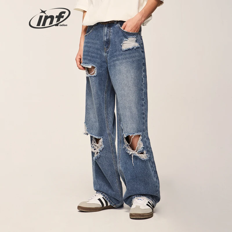 INFLATION Ripped Washed Wide Leg Jeans Men Loose Fit Denim Trousers Male Hip Hop Pants Streetwear