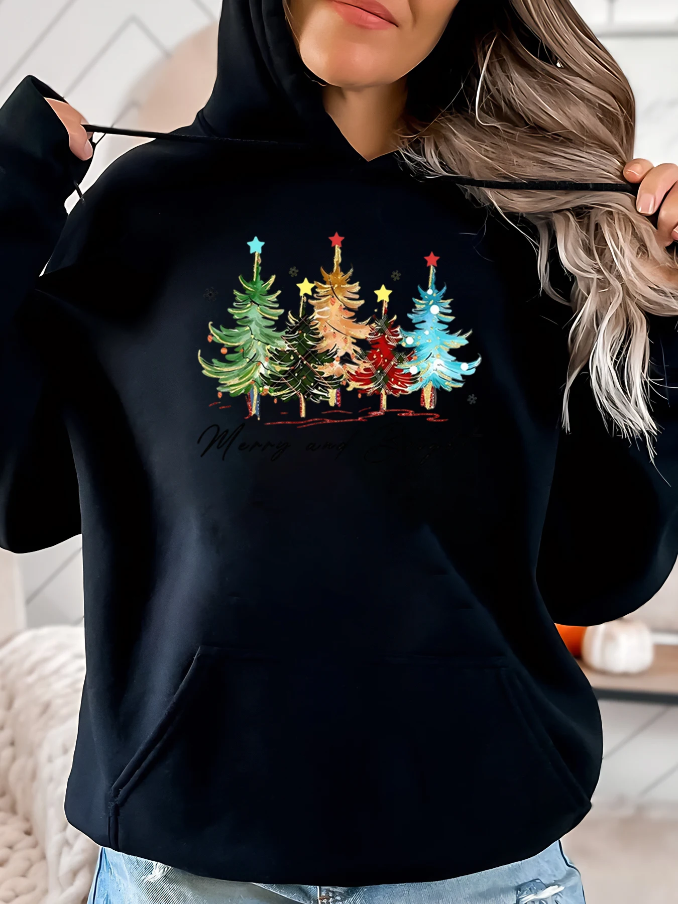 

Christmas Trees and Merry Christmas Print Hoodie Holiday Women's Casual Wear Black Plus-Size