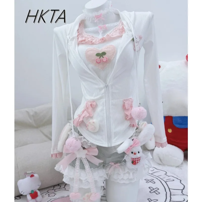 

Japanese Style Lolita Suits Sweet Cute Bow Slim Suspender Vest Women Ruffled Shorts Hot Girl Pleated Hooded Sunscreen Shirt Tops
