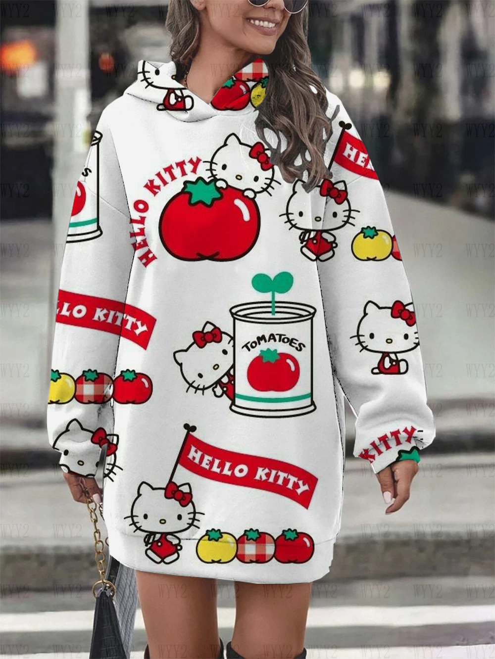

2024 new women's party dress Hello Kitty print fashion autumn and winter hooded skirt loose casual sweater skirt