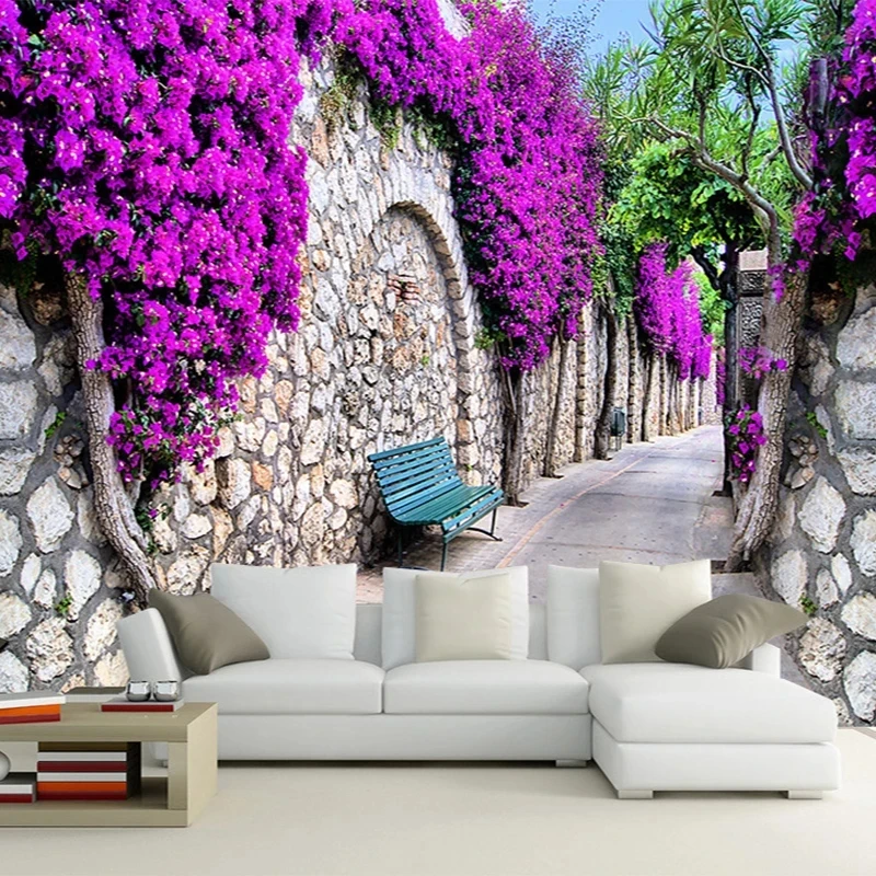 Customized Fashionable wall tile Purple Flowers Architecture 3D Wallpaper Living room sofa TV background wall bedroom restaurant