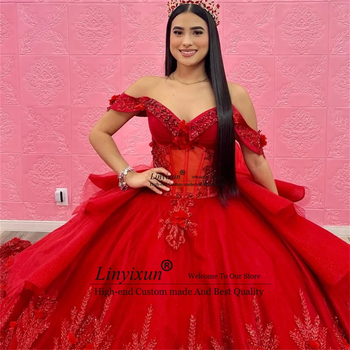 Red Sparkly Sequined Lace Quincenara Dresses 2024 Luxury Beading Ball Gown Sweet 16 Gown Off Shoulder Vestidos De XV15 Años