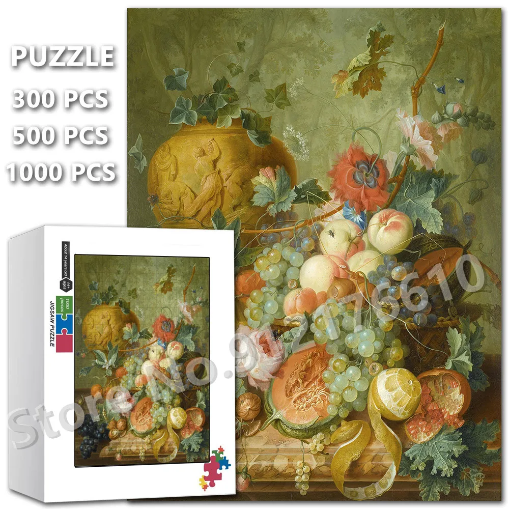 

Vintage Artwork Fruit Basket Print Puzzle 300/500/1000Pcs Grape Peach Foods Decor Assembled Jigsaw Puzzle Educational Toys Gifts