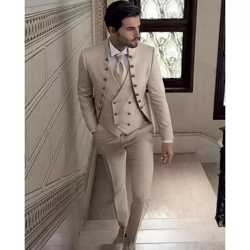 Men\'s Formal Suit 3 Piece Wedding Groom Tuxedo Khaki (Blazer + Pants + Vest) Male Slim Fit Jacket Pants Set