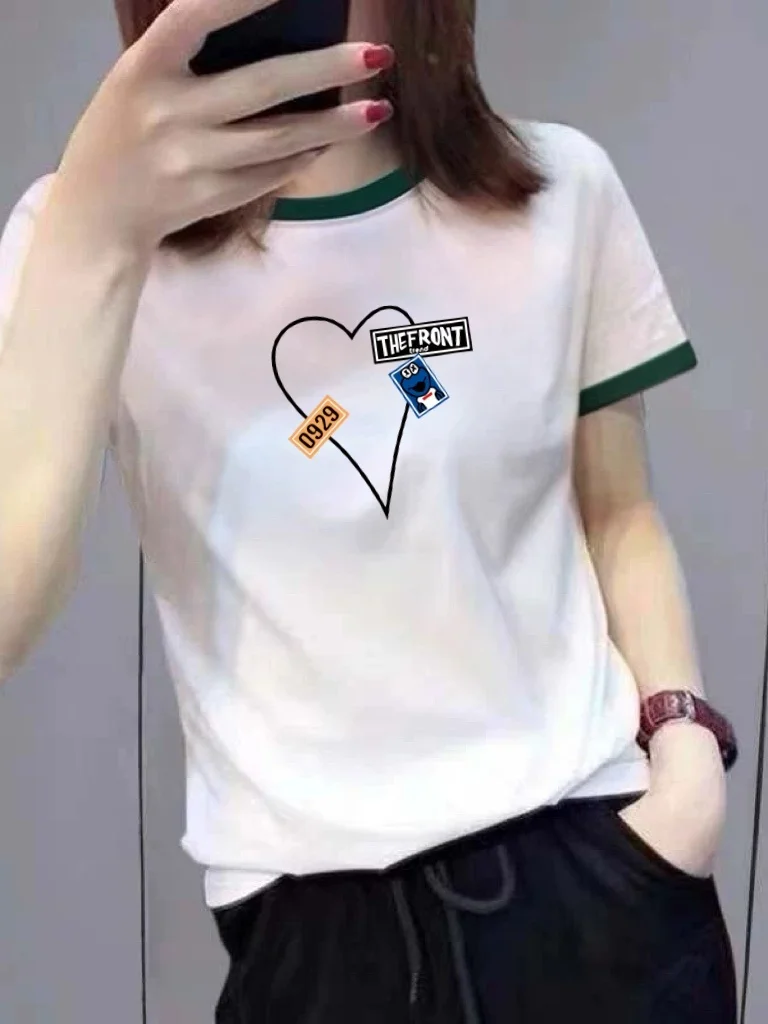 

Mommy Style Short Sleeve T-Shirt Women's Cartoon Print Color Block Collar Slimming Effect Spring New Fashion Versatile Top