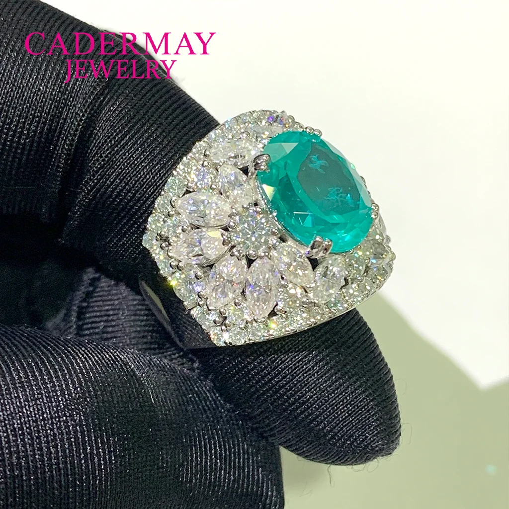 Cadermay Luxury Lab Paraiba Rings 925 Silver Blue Green YAG Mixed Moissanite Wedding Engagement Cocktail Ring for Women Gift