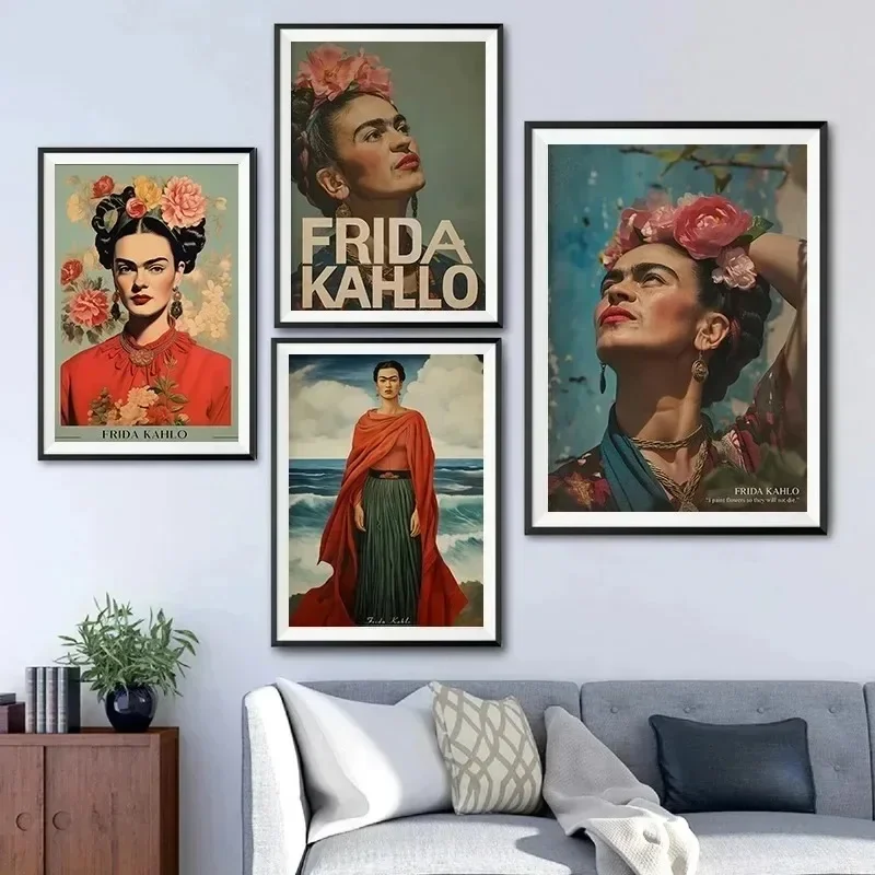 Retro F-Fridas-art-K-Kahlos Woman Flowers Portrait Wall Art Canvas Painting Posters Prints For Living Room Decor
