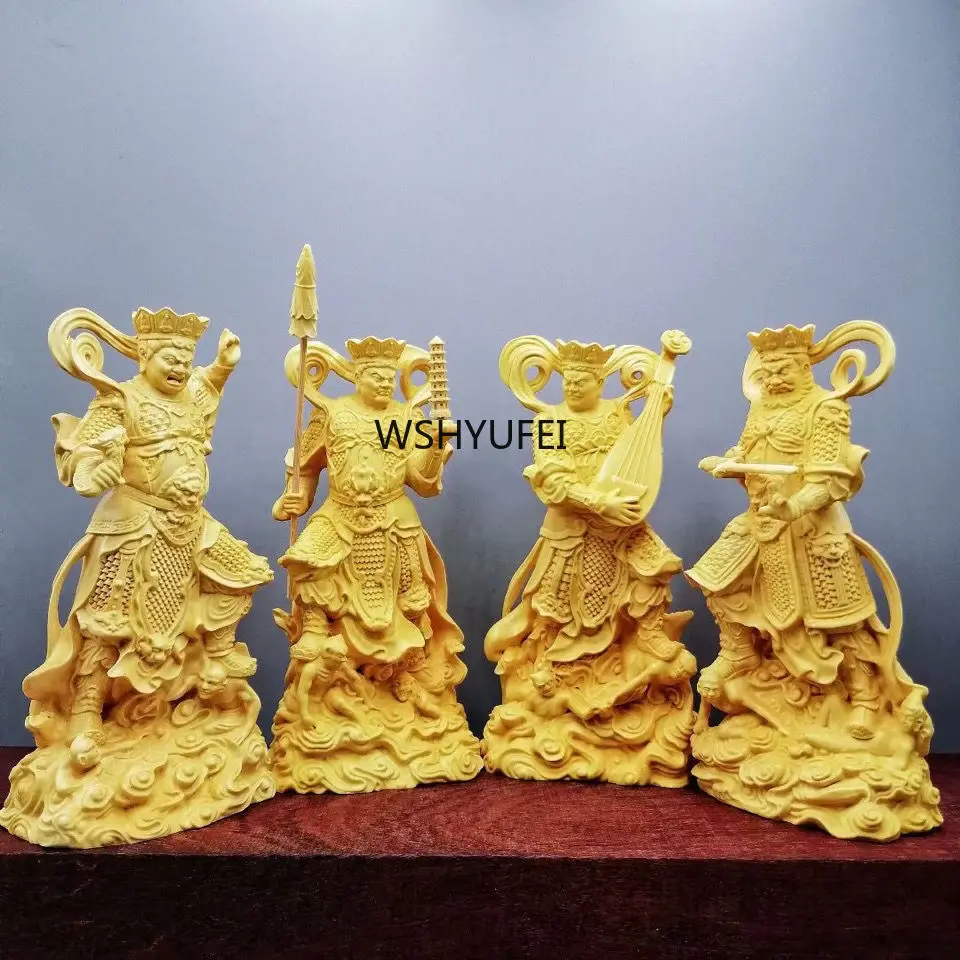 4pcs/set Boxwood Collection Chinese Brass Carvings of the Four Heavenly Kings Buddha Statues Solid Wood Carvings