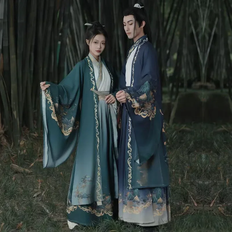 

Классическое платье «Летающий Феникс Ханфу» для мужчин и женщин, костюм Weijin с перекрестным воротником и горным облаком с принтом, винтажный костюм для пар