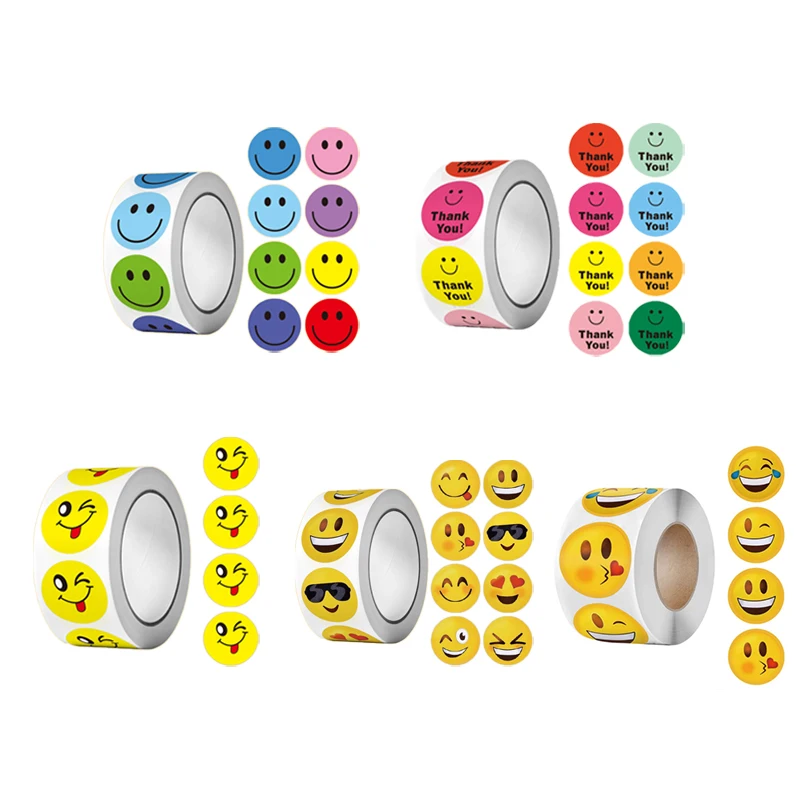 500 uds/rollo de pegatinas de cara coloridas, pegatina de recompensa Emoji, pegatinas redondas de sonrisa de 1 pulgada para niños, diario artesanal, decoración escolar y de oficina
