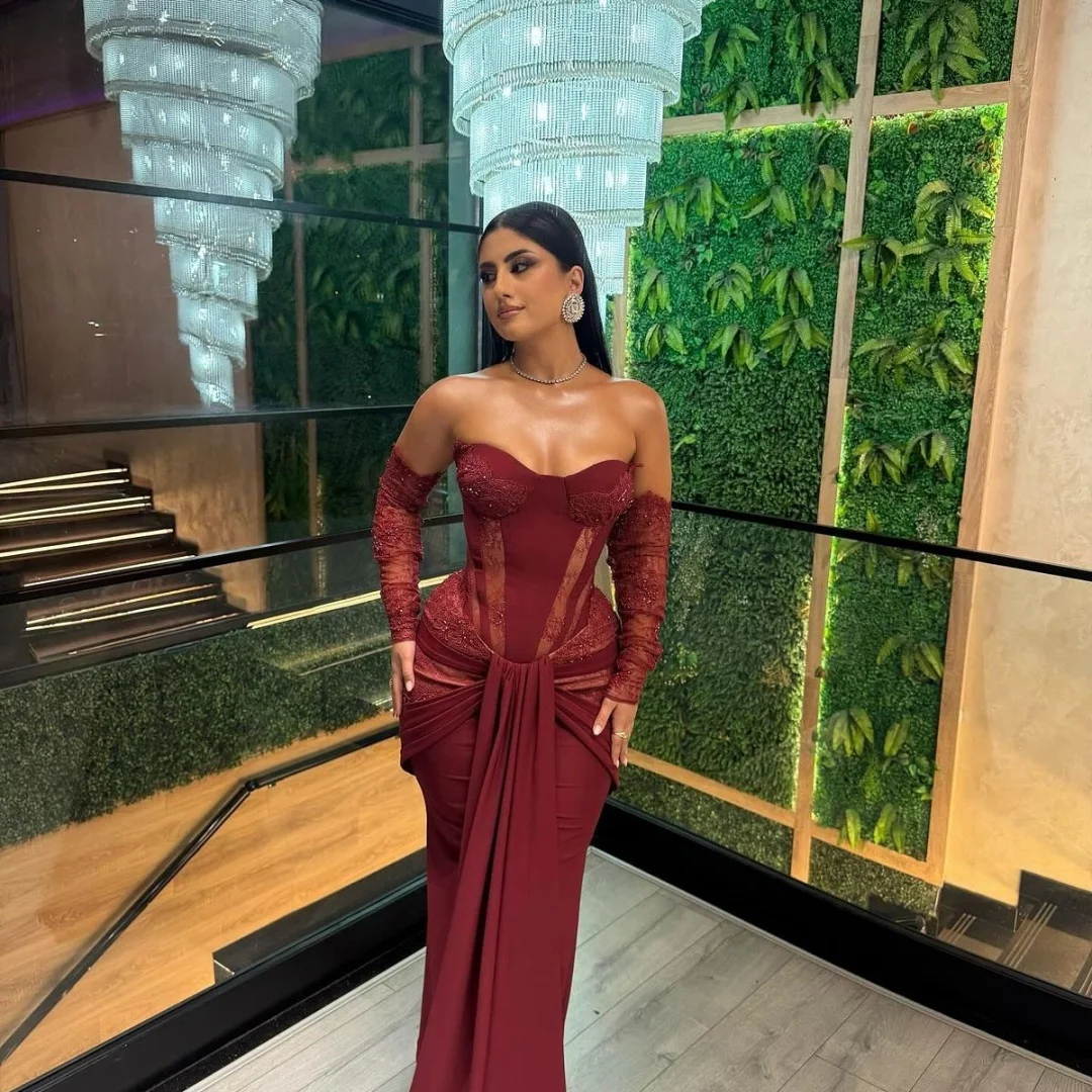 فستان أماندا مخصص بأكمام حمراء للحفلات الراقصة بدون حمالات بدون أكمام من vestidos de noche ترتر بطول الأرض للسهرات الرسمية #3