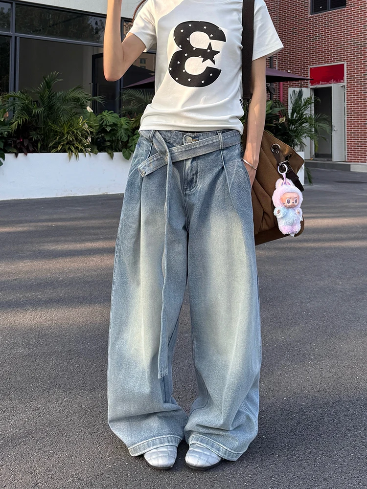 

Джинсы женские в американском ретро-стиле с отстегивающимся поясом, свободные, прямые, широкие, длиной в пол