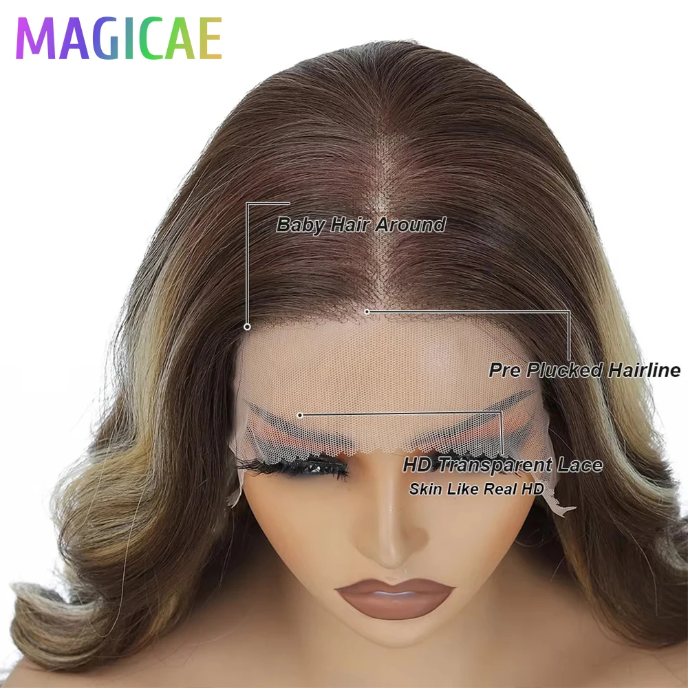 13X4 Lace Frontal Synthetic Body Wave Wigs Ombre Brown Heat Resistant Fiber Blond Swiss Transparent Lace Front Wigs For Women image 5