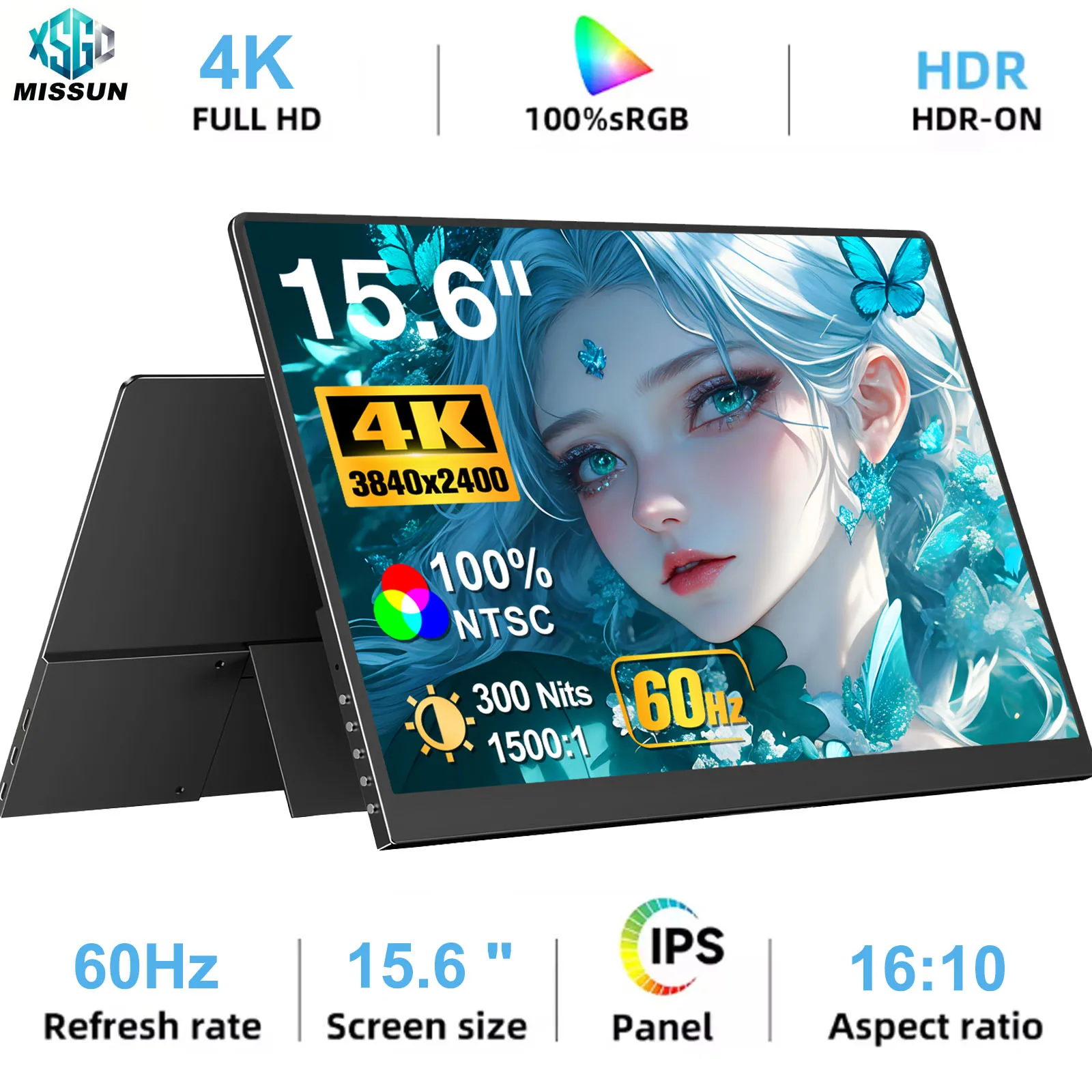 MISSUN 4K 15.6 Inch Portable Monitor 16:10 IPS Screen Type-c Mini Hdmi Second Display for MAC/Laptop/PC/Xbox/PS4/5/Switch,Z1RC