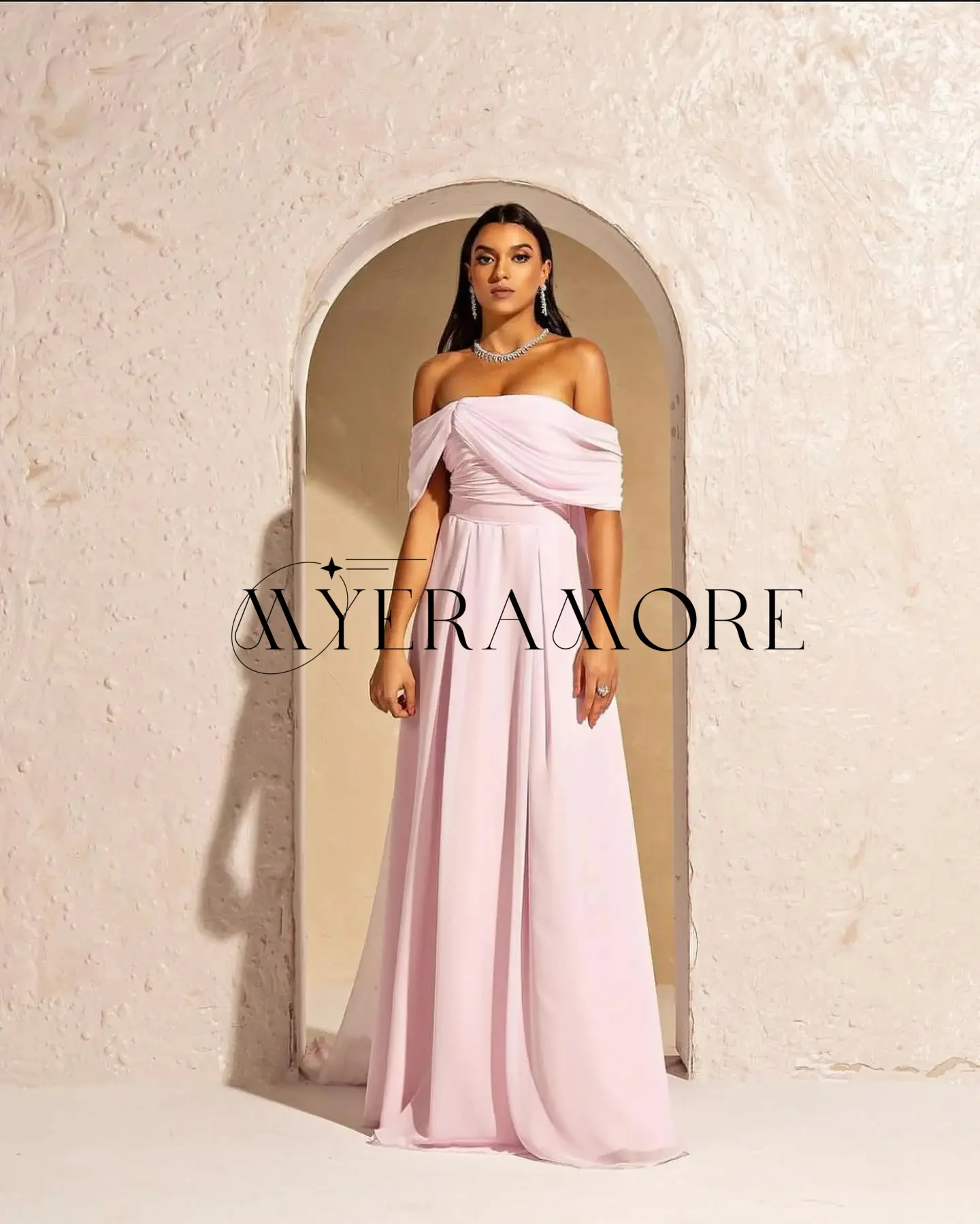 

Simple Pink A-Line Evening Dresses Off the shoulder Shawl Floor-Lenght Prom Dresses Customized فساتين سهره
