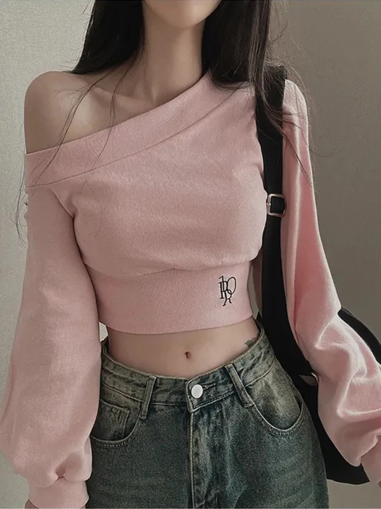 

Женская корейская шикарная толстовка с капюшоном, нерегулярная наклонная шея, с открытыми плечами и длинными рукавами, милая модная однотонная осенняя талия, универсальная