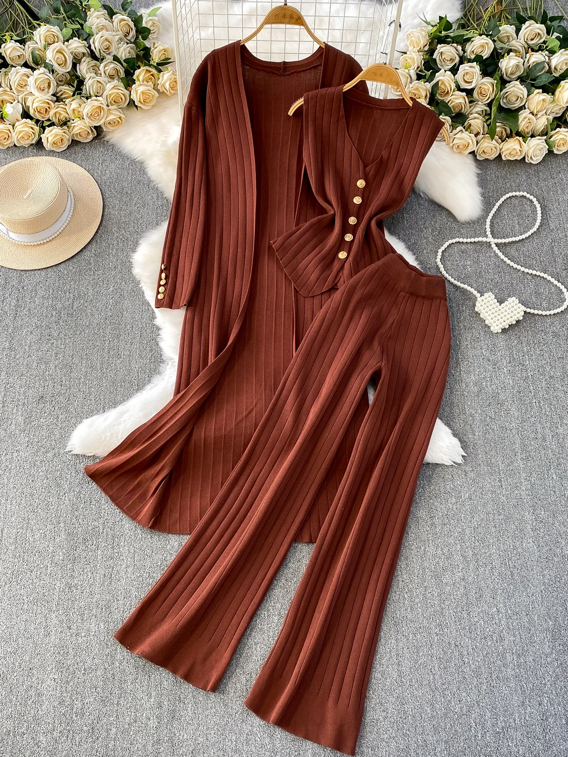 Faionable-cárdigan de punto holgado de gama alta para mujer, chaleco con cintura imperio, conjunto de camiseta, pantalones de pierna ancha, ropa informal de otoño