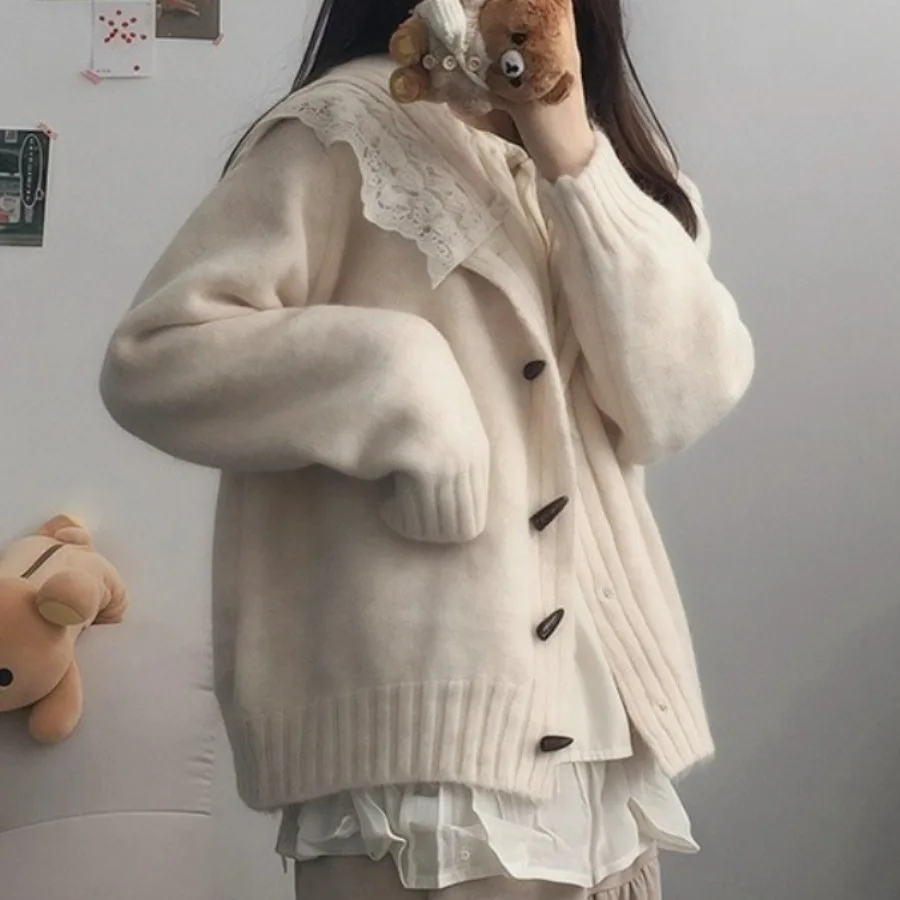 

Шикарный осенне-зимний свитер с кружевной отделкой, темно-синий воротник, открытый кардиган, свитер на пуговицах, верхняя одежда, повседневная одежда из полиэфирного волокна