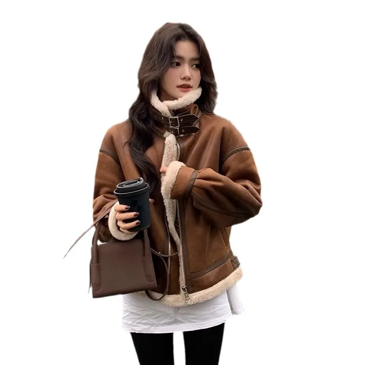 معطف فرو خروف متكامل عالي الجودة للنساء من جلد الغزال بتصميم عتيق للدراجات النارية #5