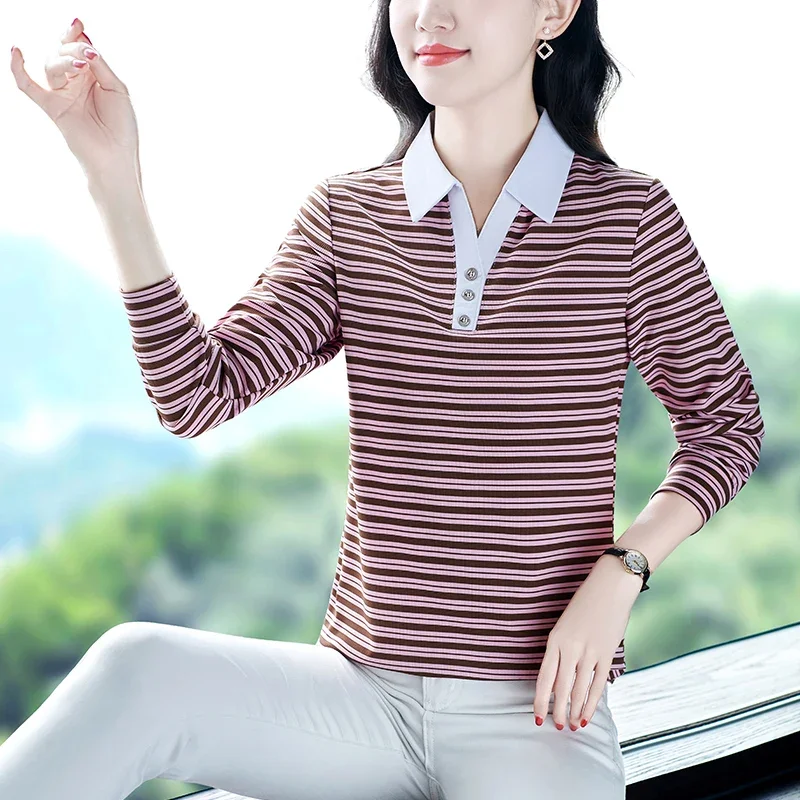 Women's Autumn Striped Sports POLO Shirt Pretty Shirts Top Long Sleeve Woman T-shirt Youth Fashion Clothing 2024 Tops and Tees