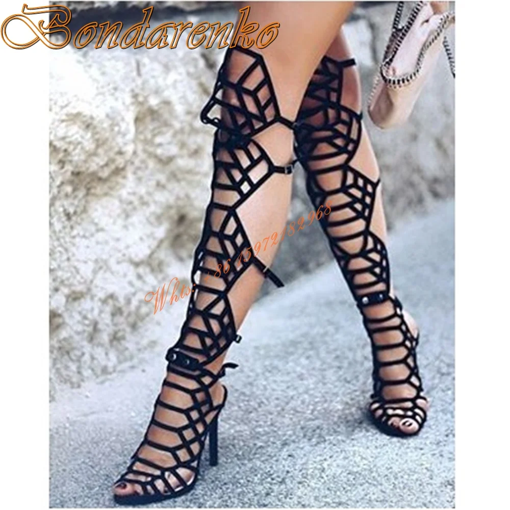 

Sexy Mesh Cut Outs Sandals Peep Toe Solid Straps Knee High Women Shoes Stiletto Heels Buckles Summer Party Prom Sandals Hollow