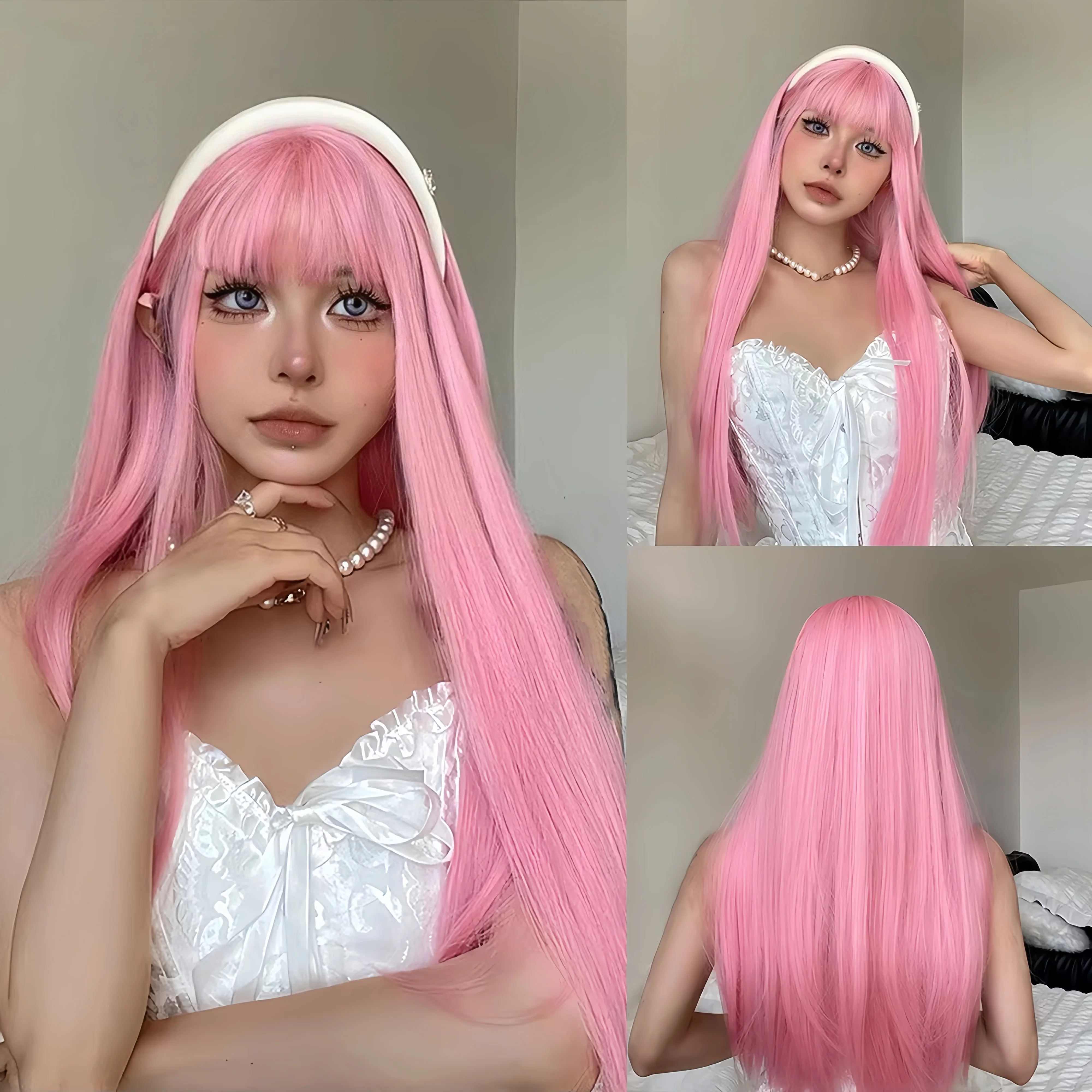 Peluca sintética rosa de pelo largo y liso para fiesta de Halloween, peluca de cosplay para uso diario, kit de peluca con accesorios para el cabello resistentes a altas temperaturas