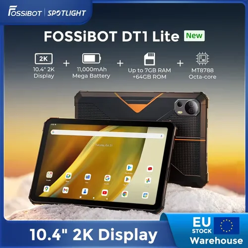 [premel mundial] Fossibot dt1 lite, tableta reforzada, pantalla grande Android de 13,10,4 pulgadas 2k, 4GB Ram 64GB ram, batería 11000mah, cuatro almohadillas para altavoces de alta resolución