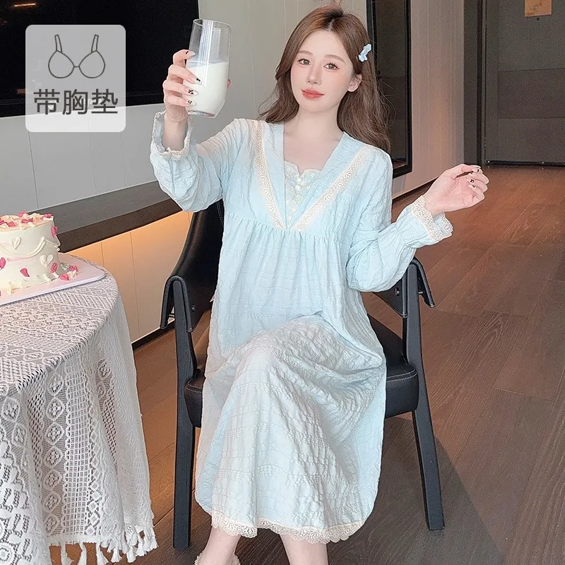 M-5XL Princess Style Cloud Cotton Pajamas Dress Women Large Size Spring Autumn Mid Nightgown with Chest Pads Loungewear Outwear