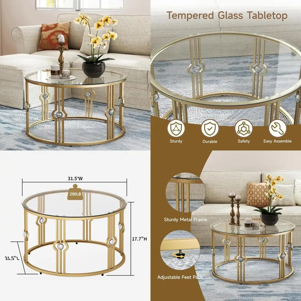 

Luxurious Gold Round Tempered Glass Coffee Table for Living Spaces and Offices