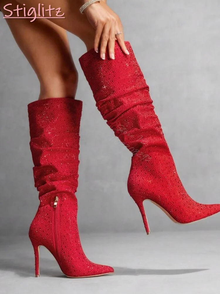 Sexy Red Crystal Boots Solid Pointed Toe Stilettos Knee-high Boots Side Zipper Solid Modern Shoes Outdoor 2025 Women Fashion New