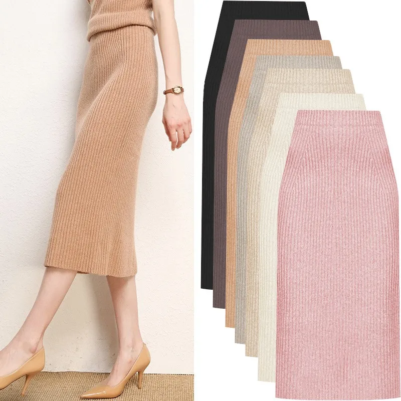 

Women Skirt High Waist Wool Pencil Skirt Ribbed Beige Knee Length Skirt Elastic Waist Black Long Skirt Midi Cream Women's