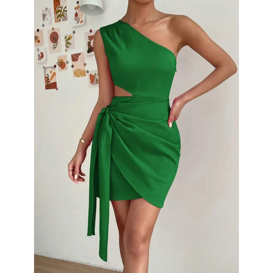 Women's Summer Oblique Shoulder Single Shoulder Cut Knot Side Wrap Dress Solid Color Sleeveless Waist Non-specification Dress