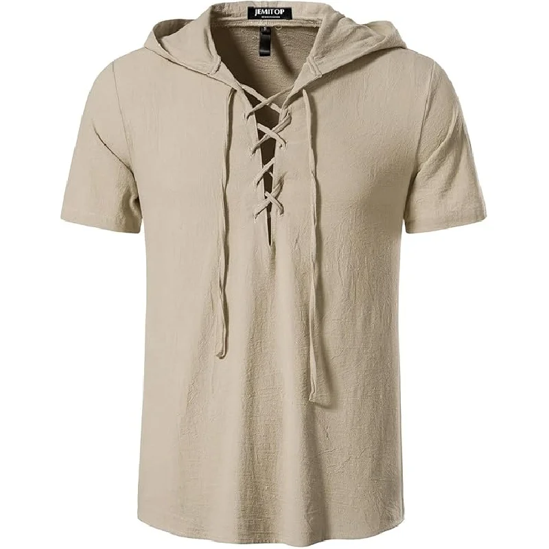 Men's Cotton Vintage Hooded Design Short Sleeve Lace up Shirts for Renaissance Pirate Viking Medieval Costume