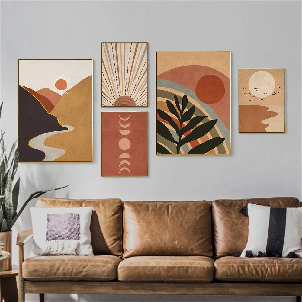 Mid Century Modern Orange Terrakotta Boho Poster Wand Kunstdruck Bilder Sonne Leinwand Malerei Vintage Wand Poster Schlafzimmer Dekor