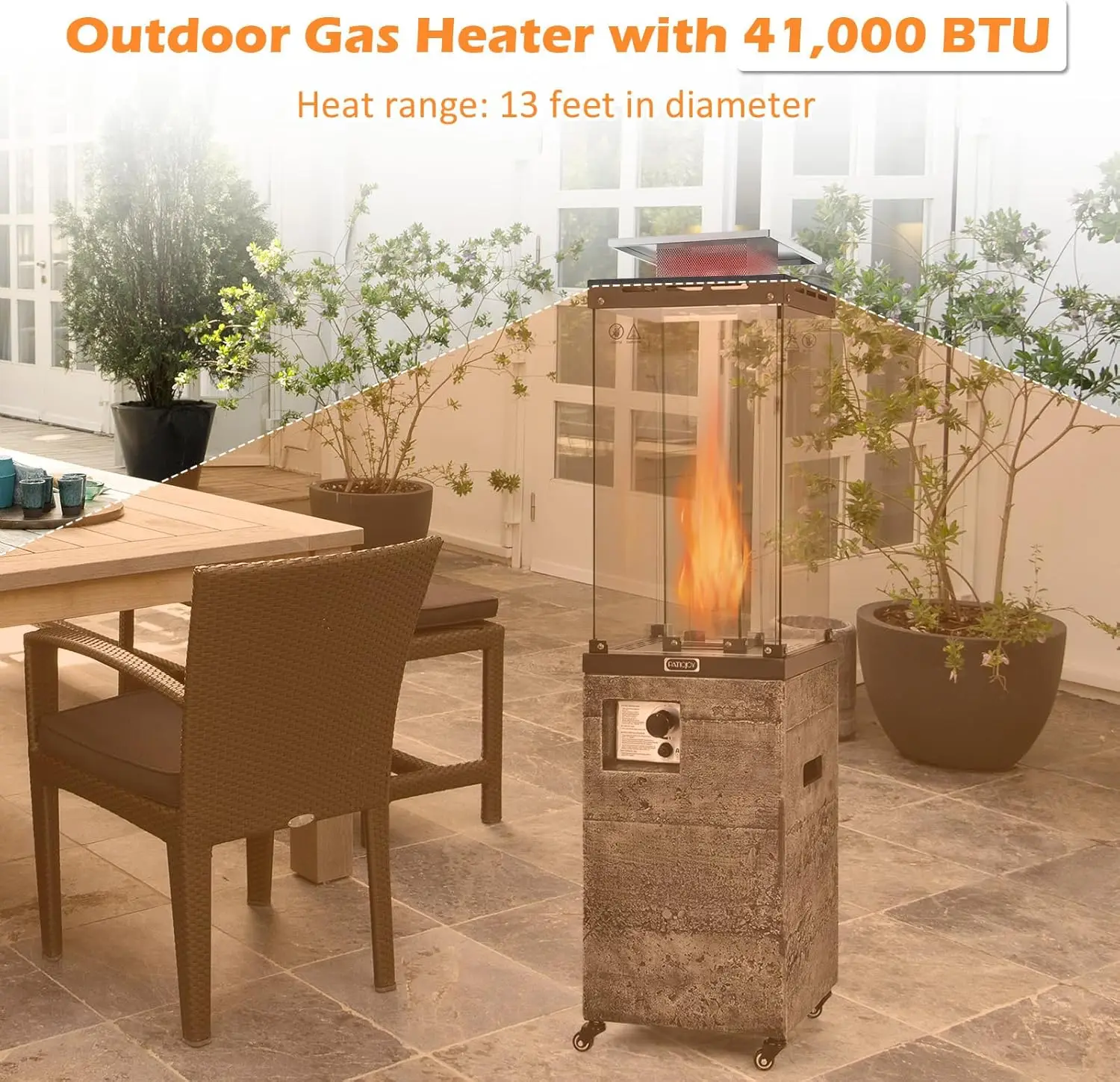 41,000 BTU Propane Patio Heater with Waterproof Cover, Outdoor Heater with Lockable Wheels, Adjustable Feet, Tempered Glass Tube