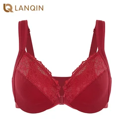 Women's  Floral Lace Front Closure Racerback Bra Plus Size Full Coverage Comfort Underwire Unlined T-shirt Bralette B-DD E F