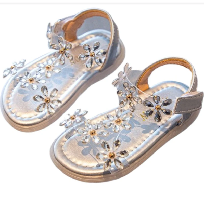 Sandalias de verano para niñas, zapatos de princesa con cristales y flores, zapatos de playa con diamantes de imitación, antideslizantes con correa en el tobillo, 2024