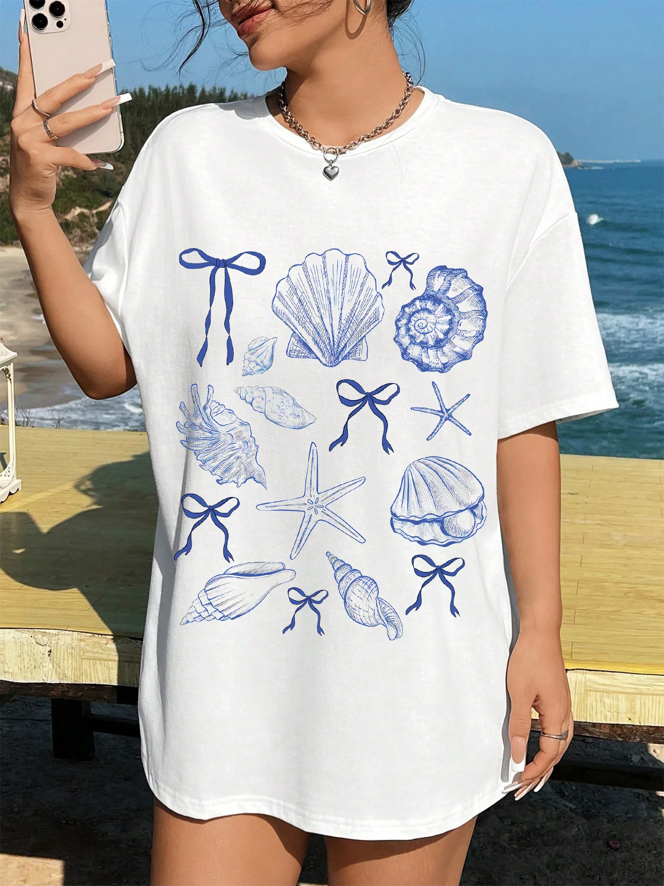 Women' S Casual Summer Beach Graphic Ocean and Starfish Print White and Blue Fit Harajuku Sleeve Casual Aesthetic Clothes