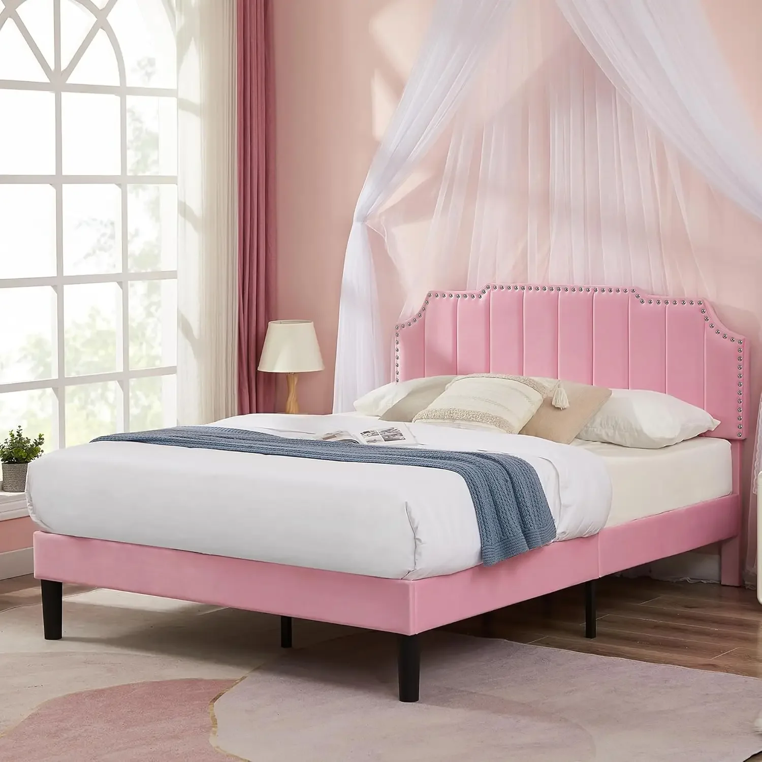 Pink Full Size Bed Frame Upholstered Platform with Tufted Adjustable Headboard/Mattress Foundation with Wood Slat Support